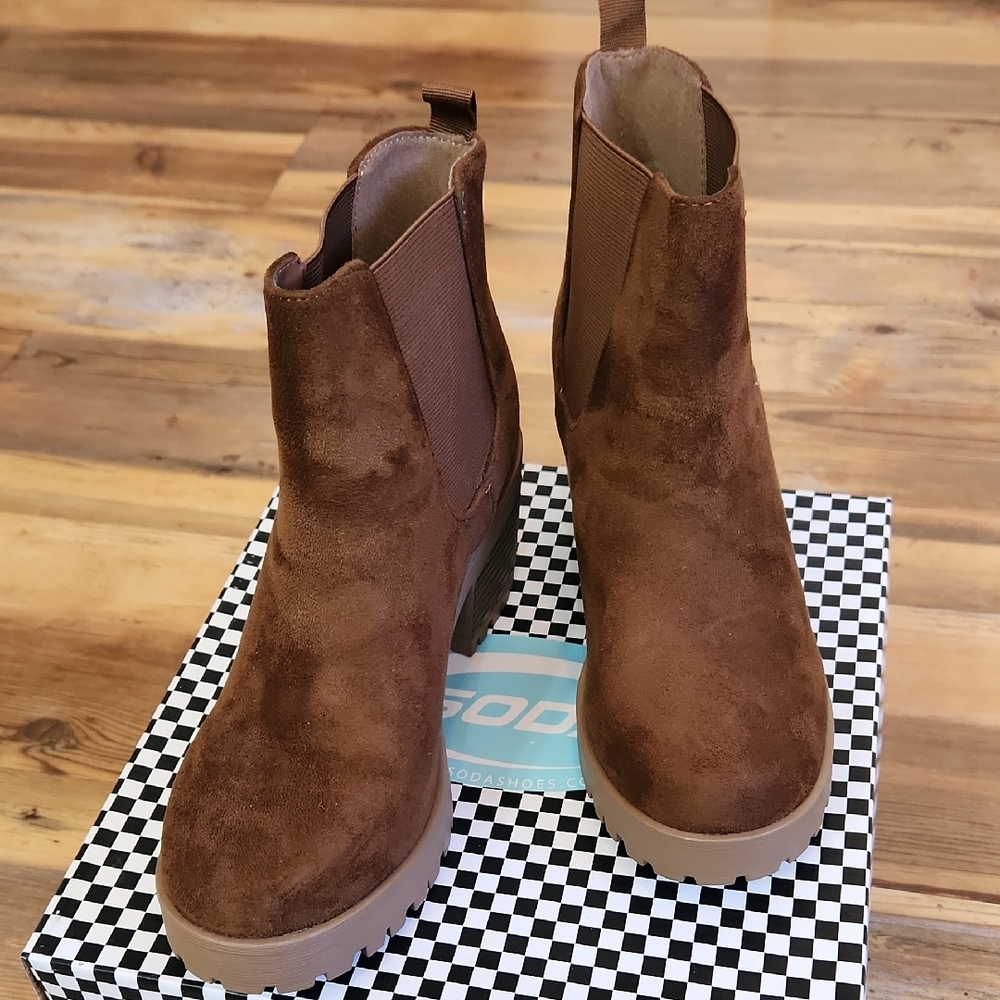 Soda Chestnut Suede Chelsea Platform Booties